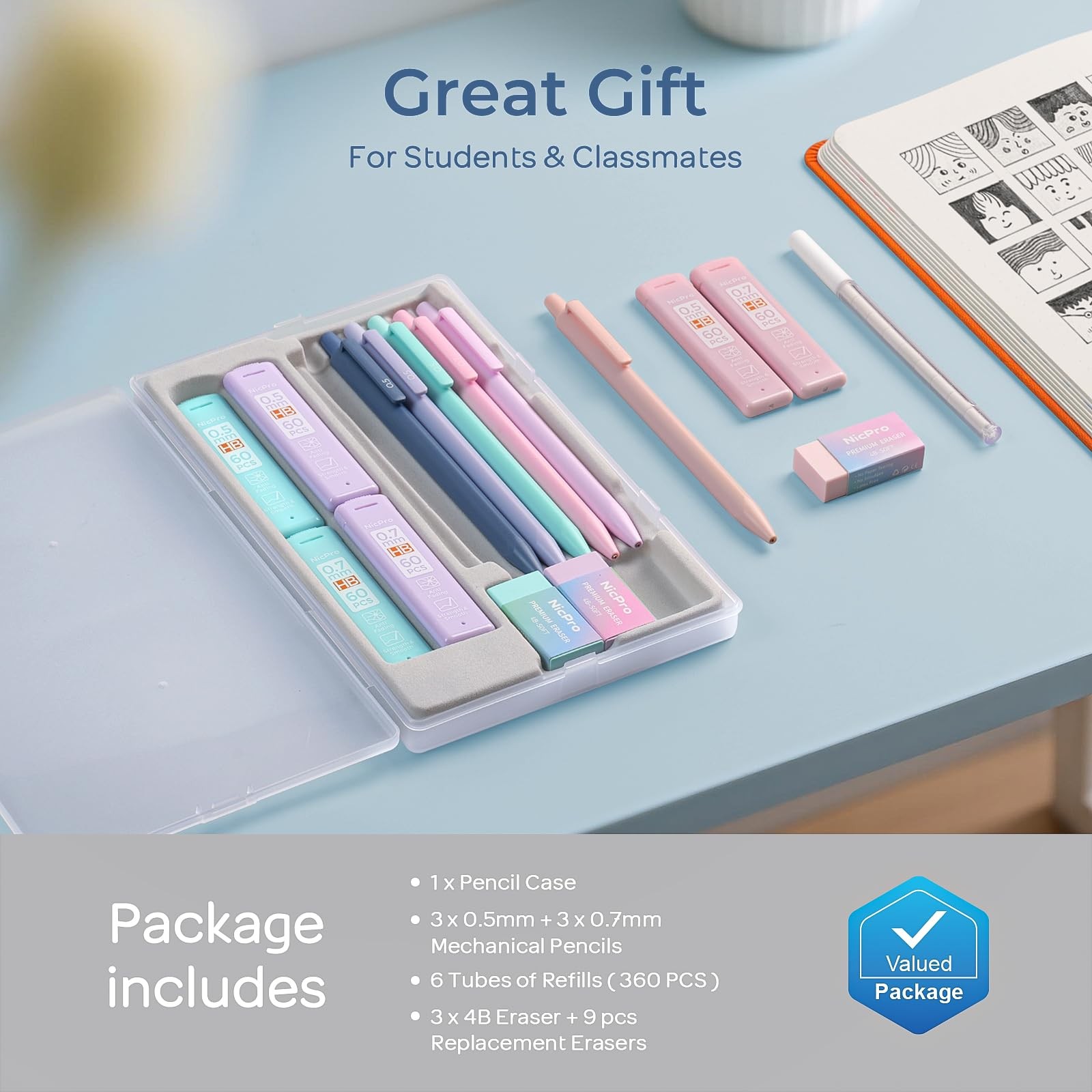 Nicpro 6PCS Pastel Mechanical Pencil Set with Case Cute Drafting Pencils 0.5m…