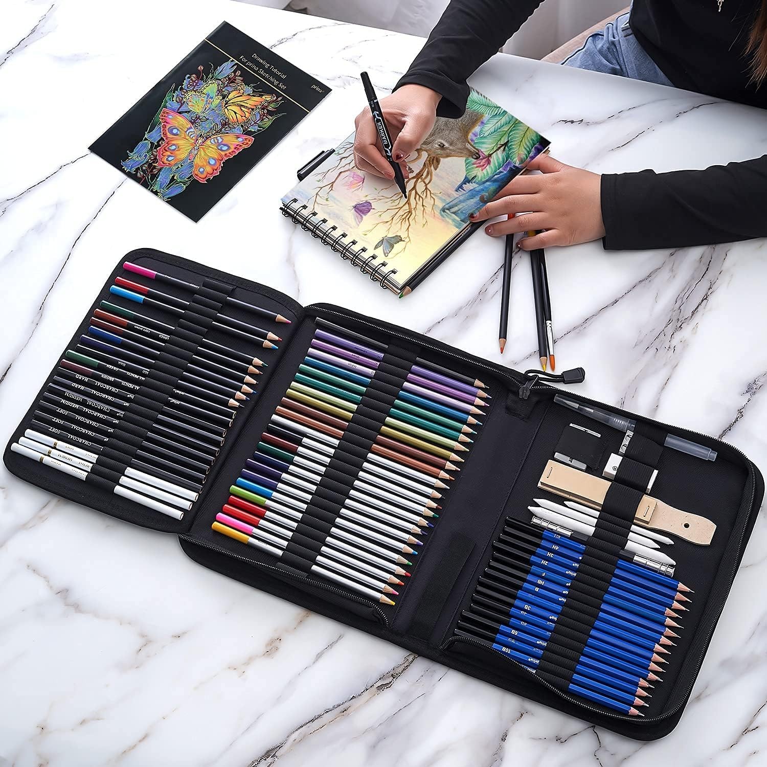Prina 76 Pack Drawing Set Sketching Kit, Pro Art 76 Piece Set, Multicolor