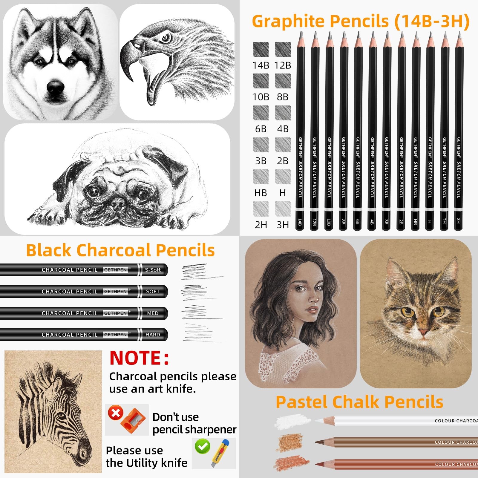 GETHPEN Sketch Pencils for Drawing,34 1 Count (Pack of 34), 34 Pack – Black