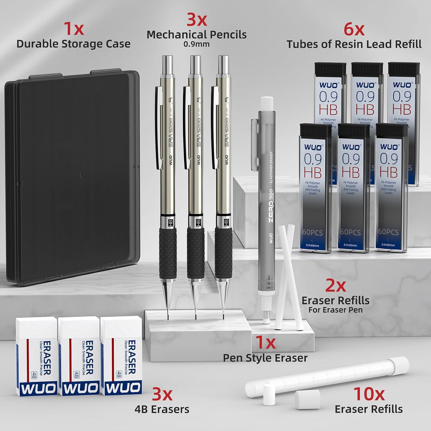 0.9Mm Mechanical Pencil Set, 3PCS Metal Drafting Pencils with 360 HB Lead