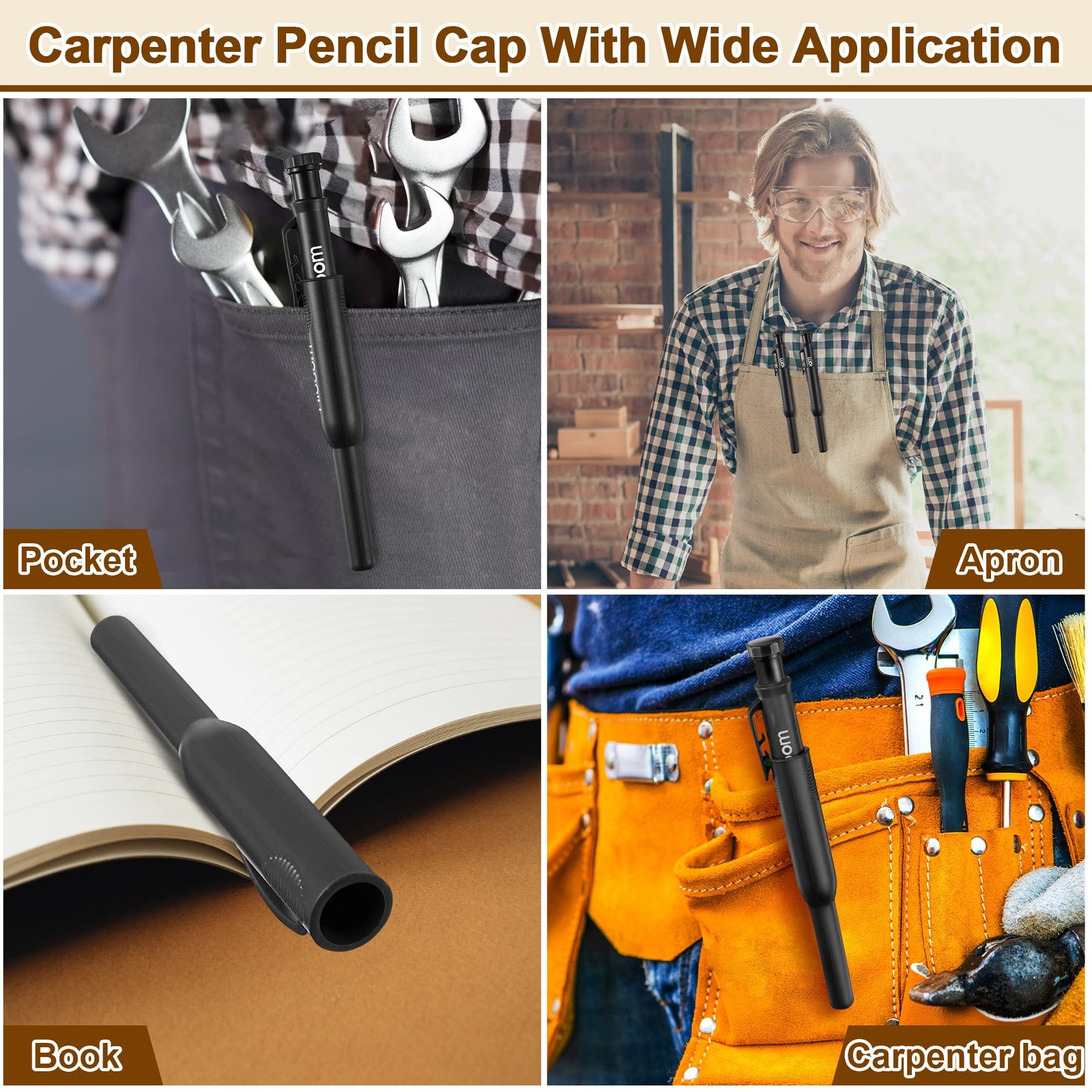 Hiboom 2 Pack Solid Carpenter Pencils with Pencil Cap and 18 Refills, Black