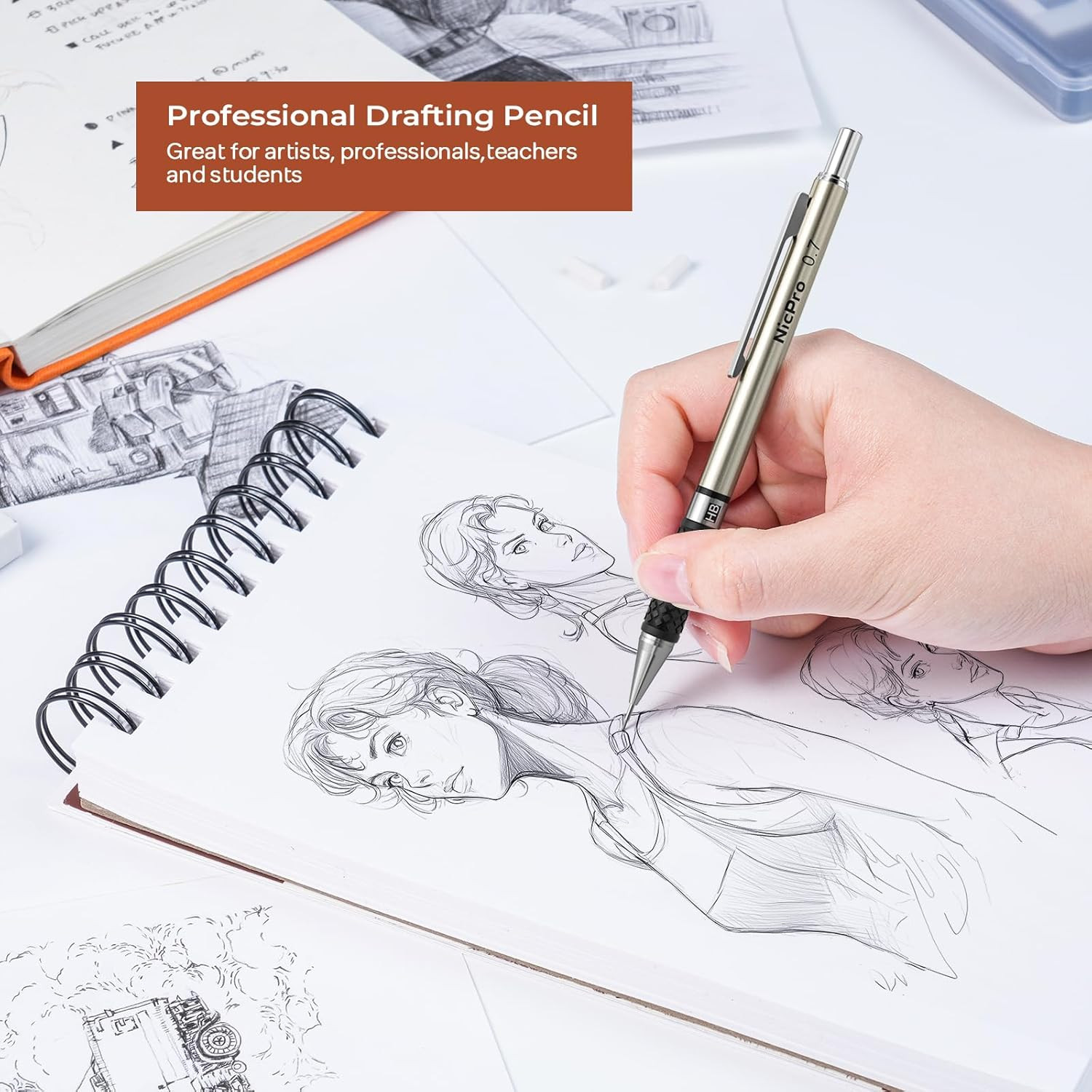 Art Mechanical Pencil Set in Case, 4 PCS Metal Drafting Pencil 0.5 Mm & 0.7 Mm,