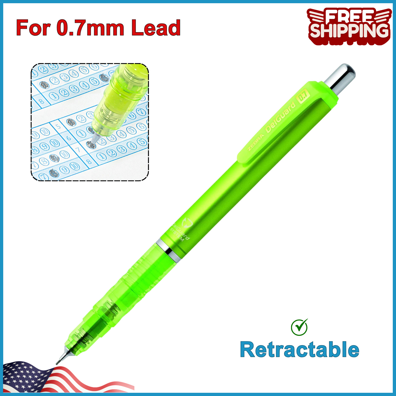 Zebra Mechanical Pencil, Delguard, 0.7mm, Bright Green Shaft Color (P-MAB85-BRG)