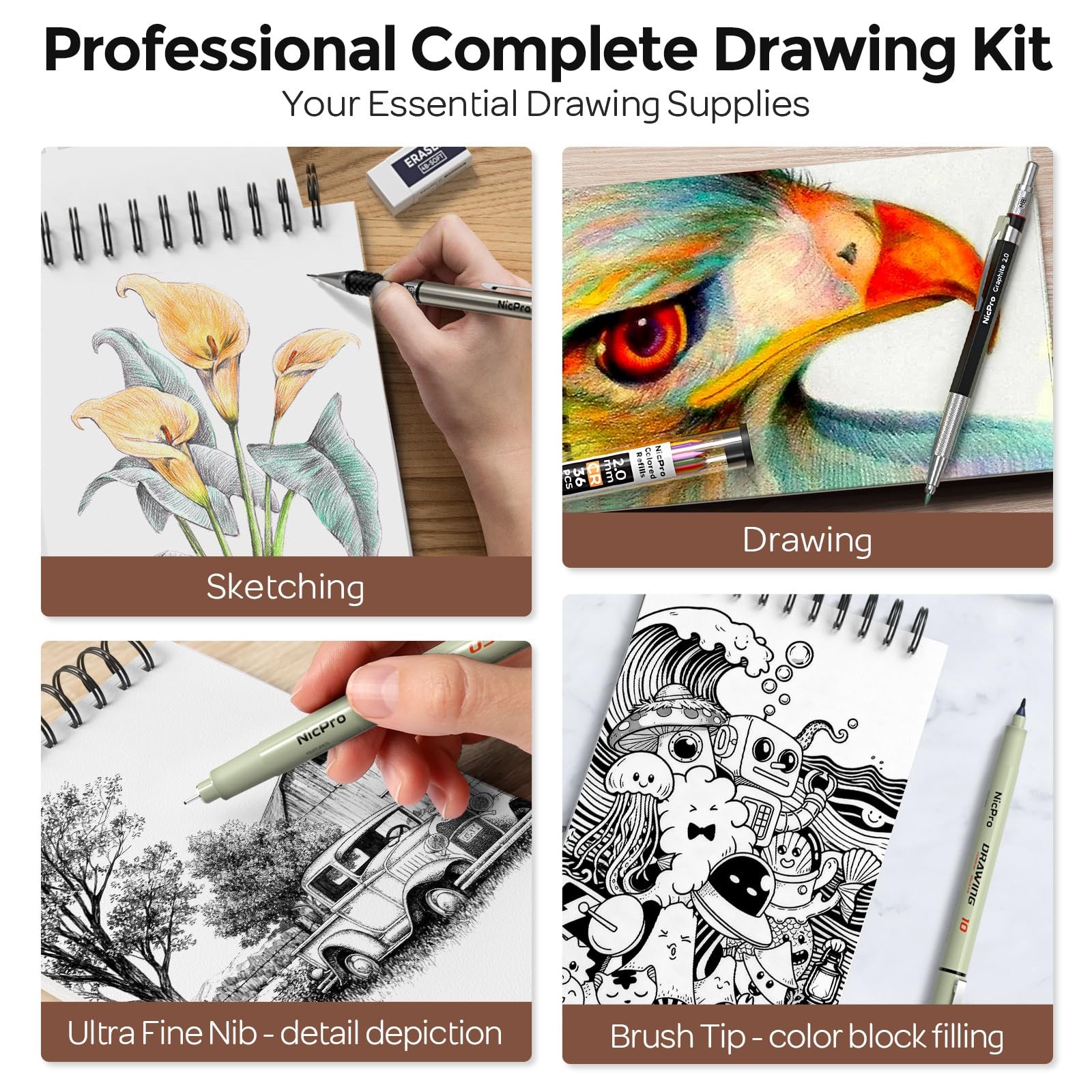 Nicpro 58 PCS Art Drawing 0.3mm 0.5mm 0.7mm 0.9mm 2.0mm, Black+Cowhide