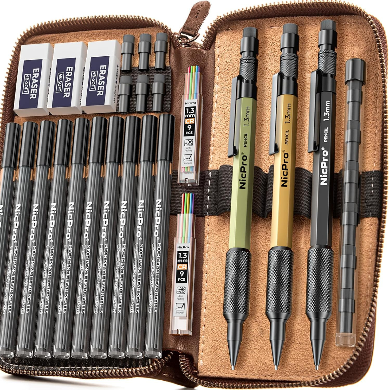 21PCS 1.3 Mm Mechanical Pencil Set in Leather Bag with 138 Lead Refill