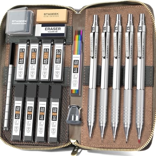 Metal Mechanical Pencil Set in Leather Case, 5PCS Silver 0.3 0.5 0.7 0.9 2.0