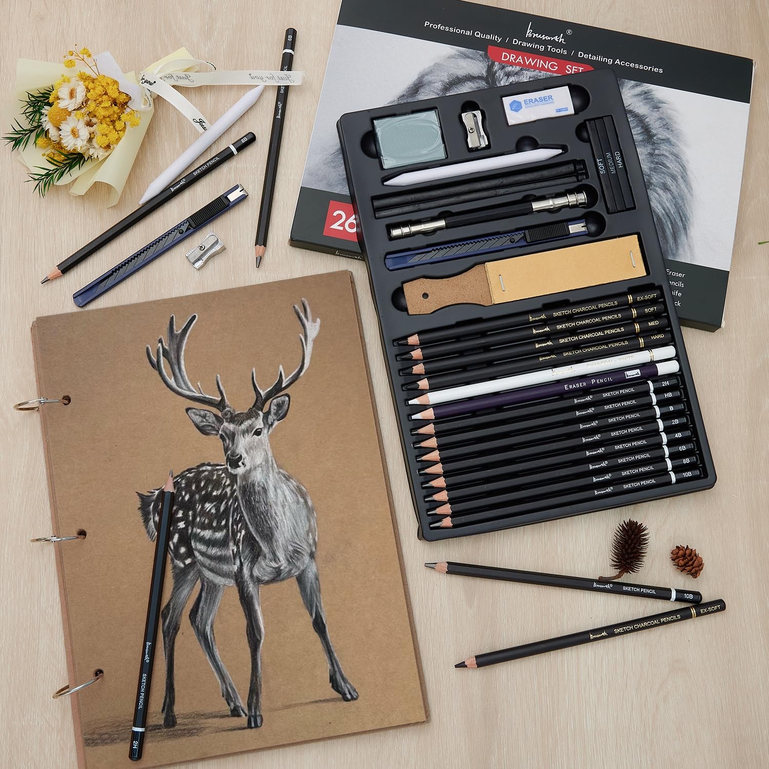 Brusarth Charcoal Pencils for Drawing, Set of 26, Professional Black & White