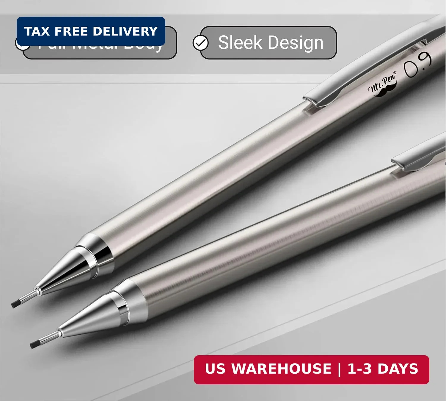 Mr. Pen- Metal Mechanical Pencil Set with Lead Refills & Erasers, 2 Pack, 0.9mm,