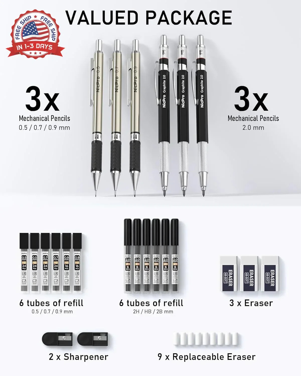 Nicpro 6PCS Art Mechanical Pencil Set, 3PCS Metal Drafting Pencil 0.5 mm & 0.7 m