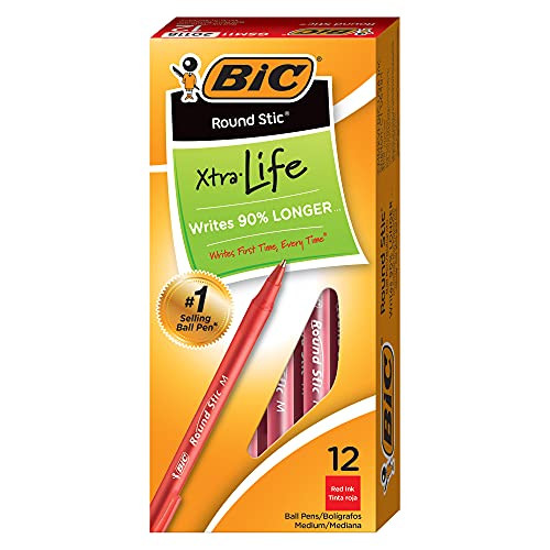 Round Stic Xtra Life Ballpoint Pen, Medium Point (1.0mm), Red, 12-Count