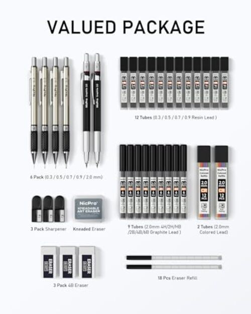 37PCS Art Mechanical Pencil Set, 4PCS Metal Drafting Black 0.3 0.5 0.7 0.9 2.0