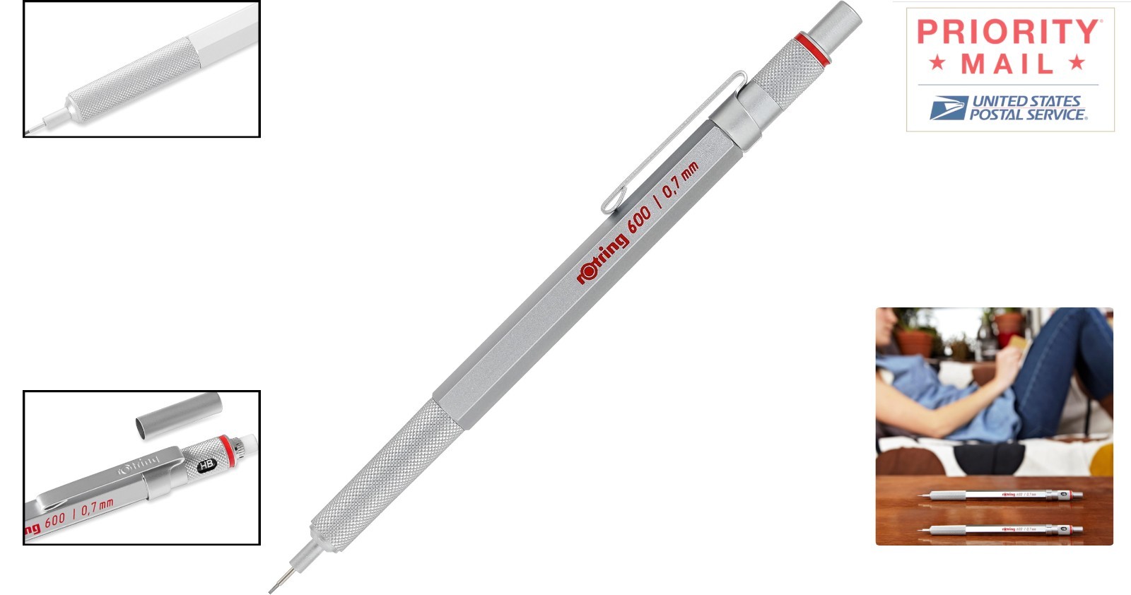 Silver Metal Mechanical Pencil 0.7 mm Lead Hexagonal Grip for Precision Writing