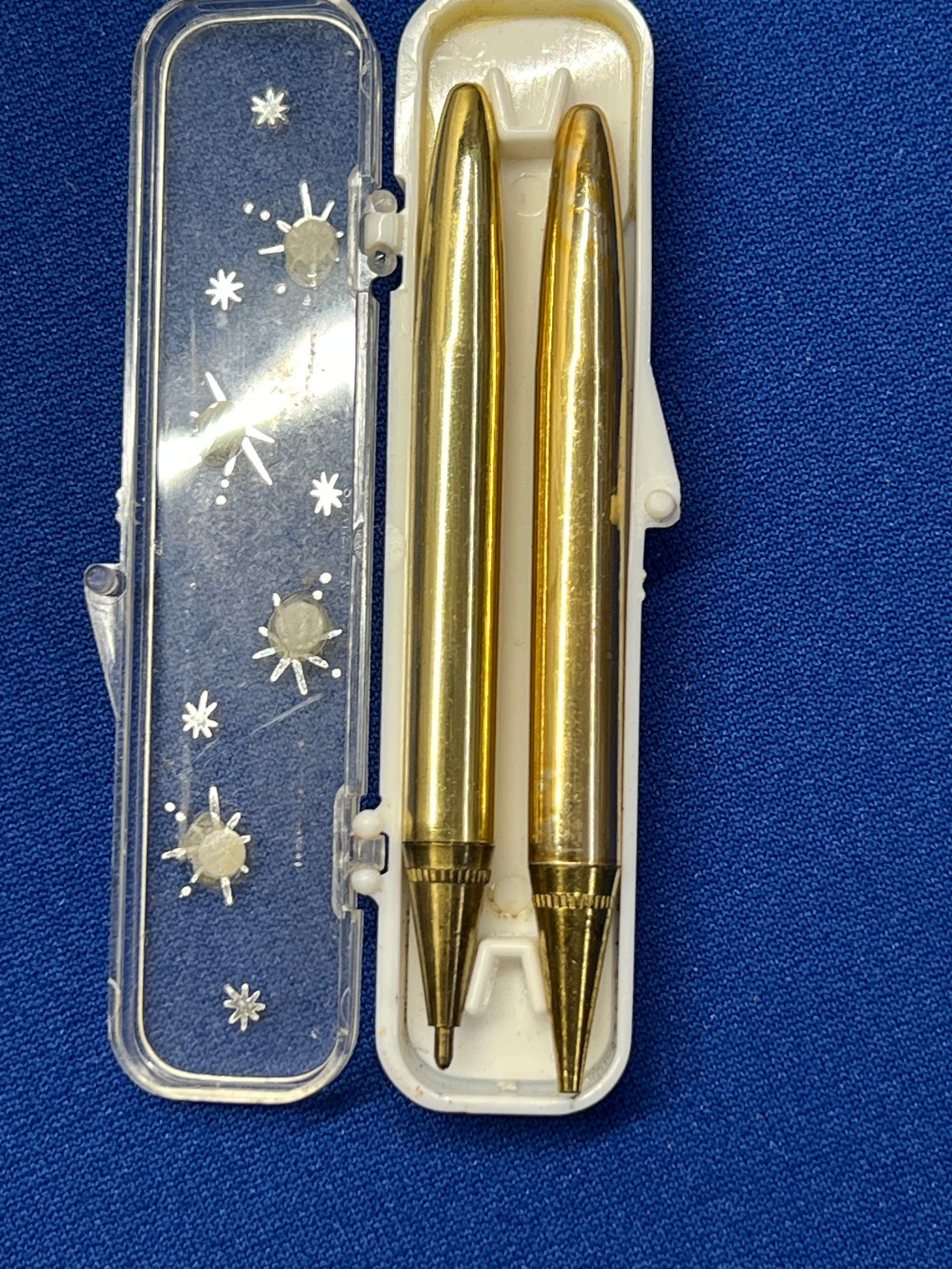 Vintage Goldtone Gold Pen Pencil Set with AB Rhinestone Case Small 3″