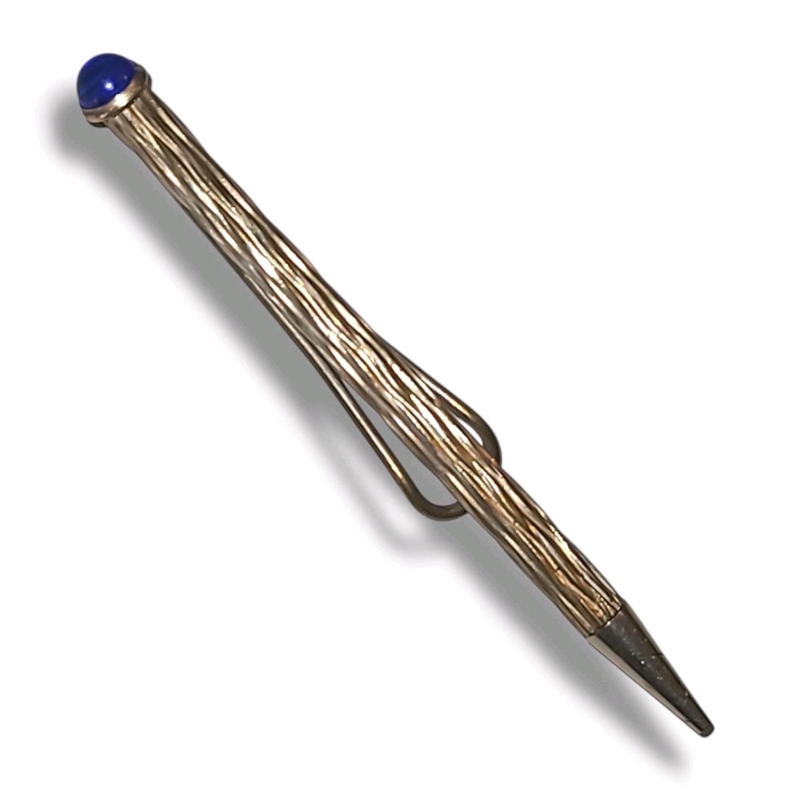Vintage Gold Tone Mechanical Pencil Blue Cabochon Textured Pocket Clip 3.5″