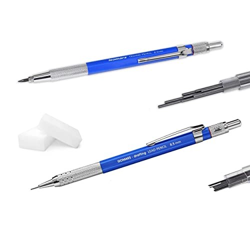 Mechanical Pencil Set 0.5mm & 2mm 2B Leads Blue Drafting Drawing Sketch Pens