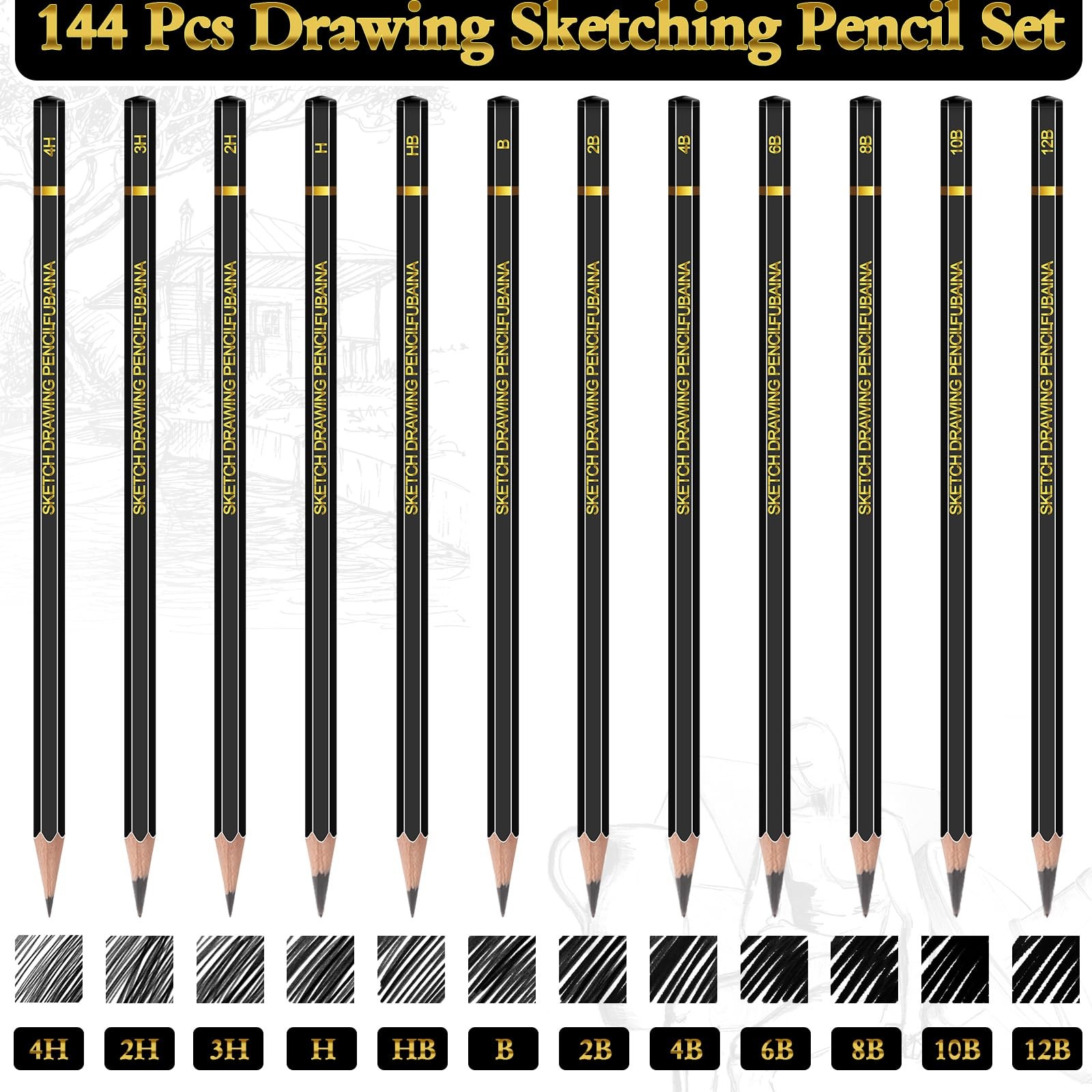 Humyoun 144 Pcs Drawing Sketching Pencil Set Professional (12b – 4h) black