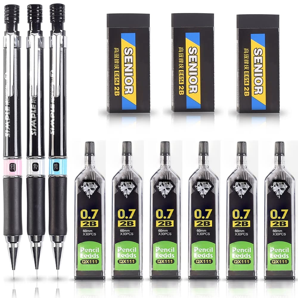 3 PCS 0.7mm Mechanical Pencil Set 2B Lead Refills Erasers Writing Draft