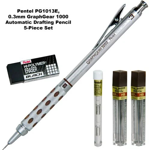 Pentel 5-piece Set, Pg1013E, 0.3mm Graph Gear 1000 Automatic Pencil Bundle