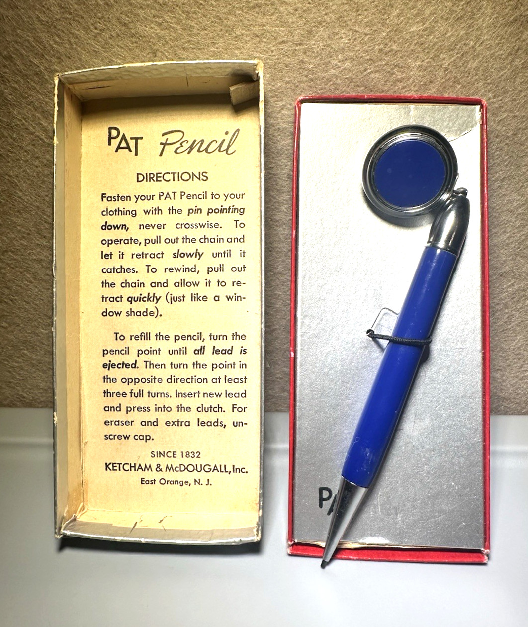 VTG Ketcham and McDougall Blue & Chrome PAT Retractable Lead Pencil in ugly Box