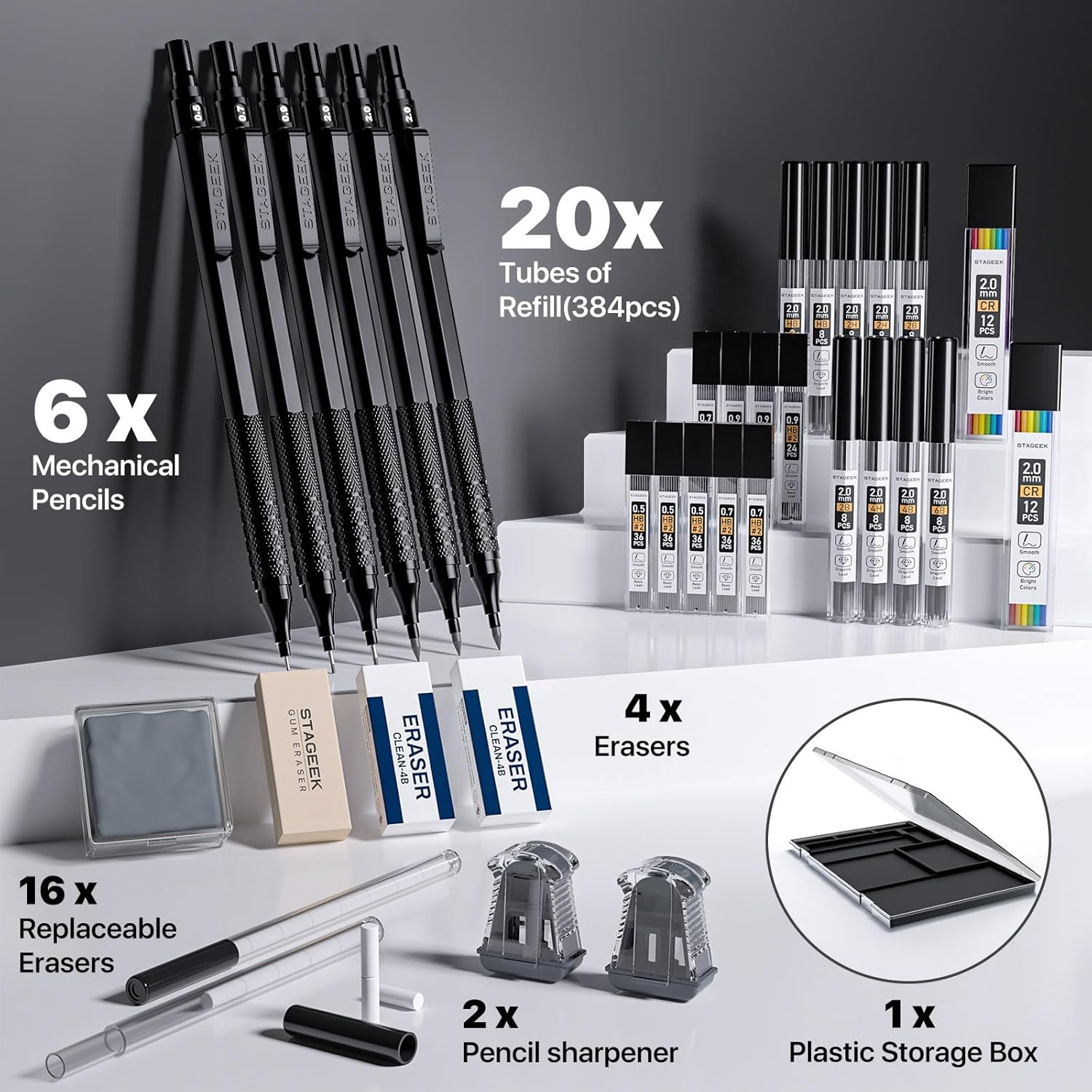 35Pcs Art Mechanical Pencil Set with Case, 0.5 0.7 0.9 2.0 Graphite Metal Drawin