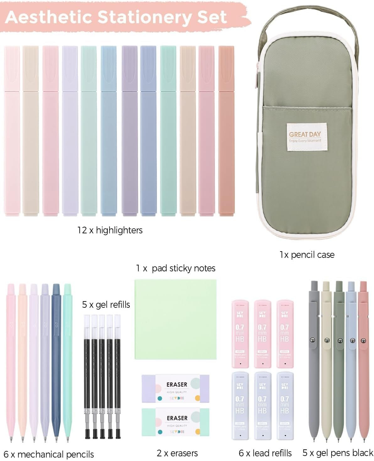 Cute School Supplies 38 PCS, Pencil Case with 12 Pastel Highlighters, 5 Black Ge