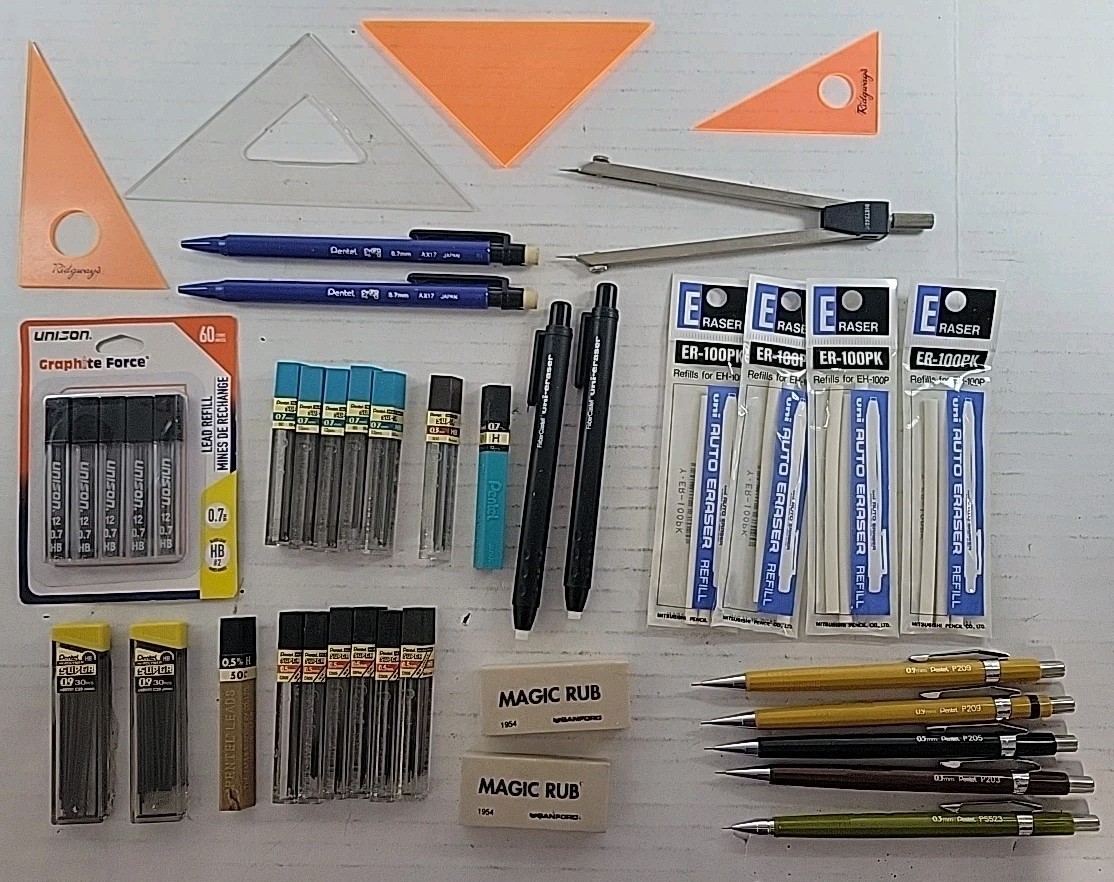 Vintage Lot of Pentel Mechanical Pencils,Lead,& Erasers