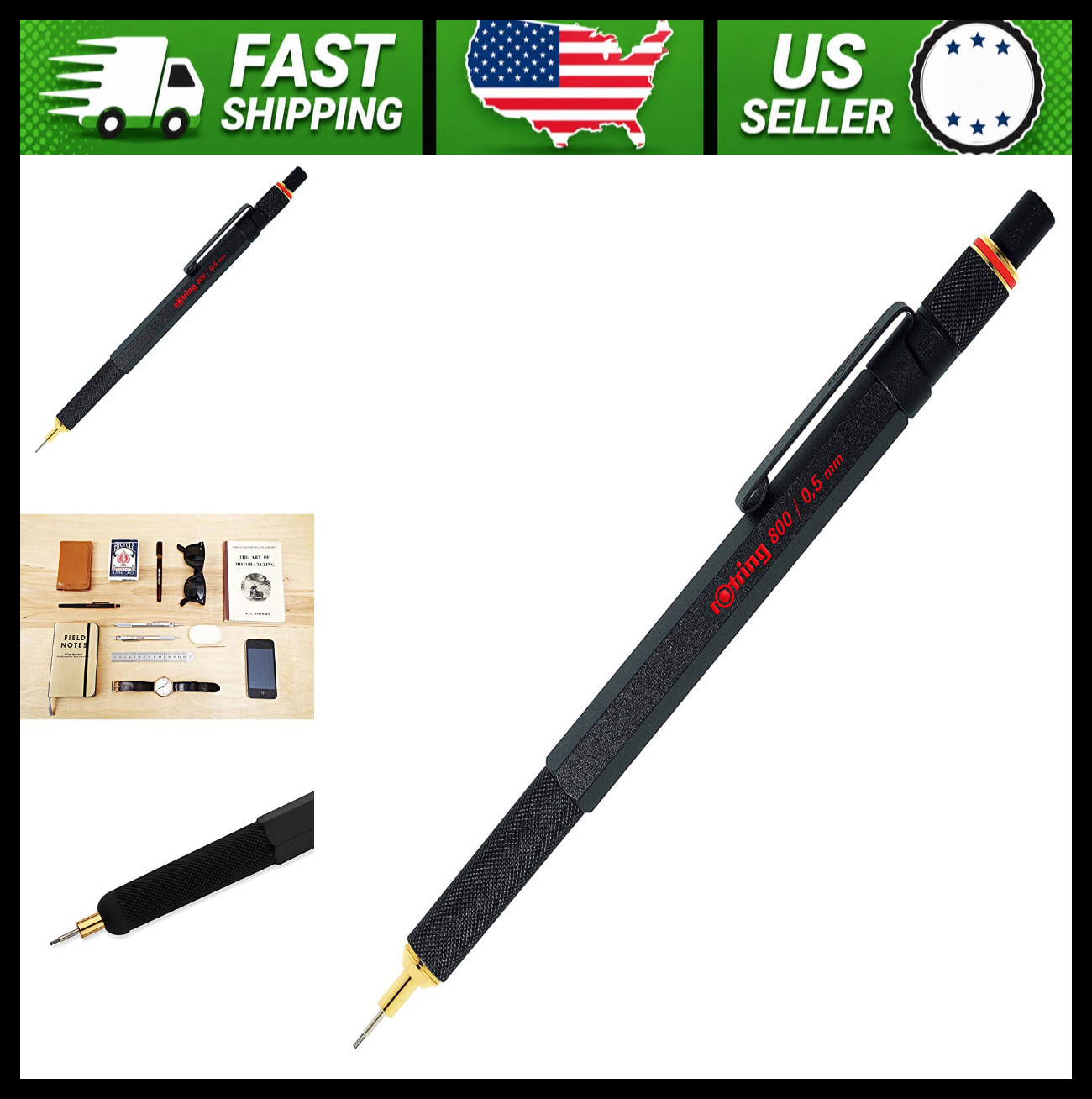 rOtring 800 Retractable Mechanical Pencil 0.5mm Black Metal Barrel