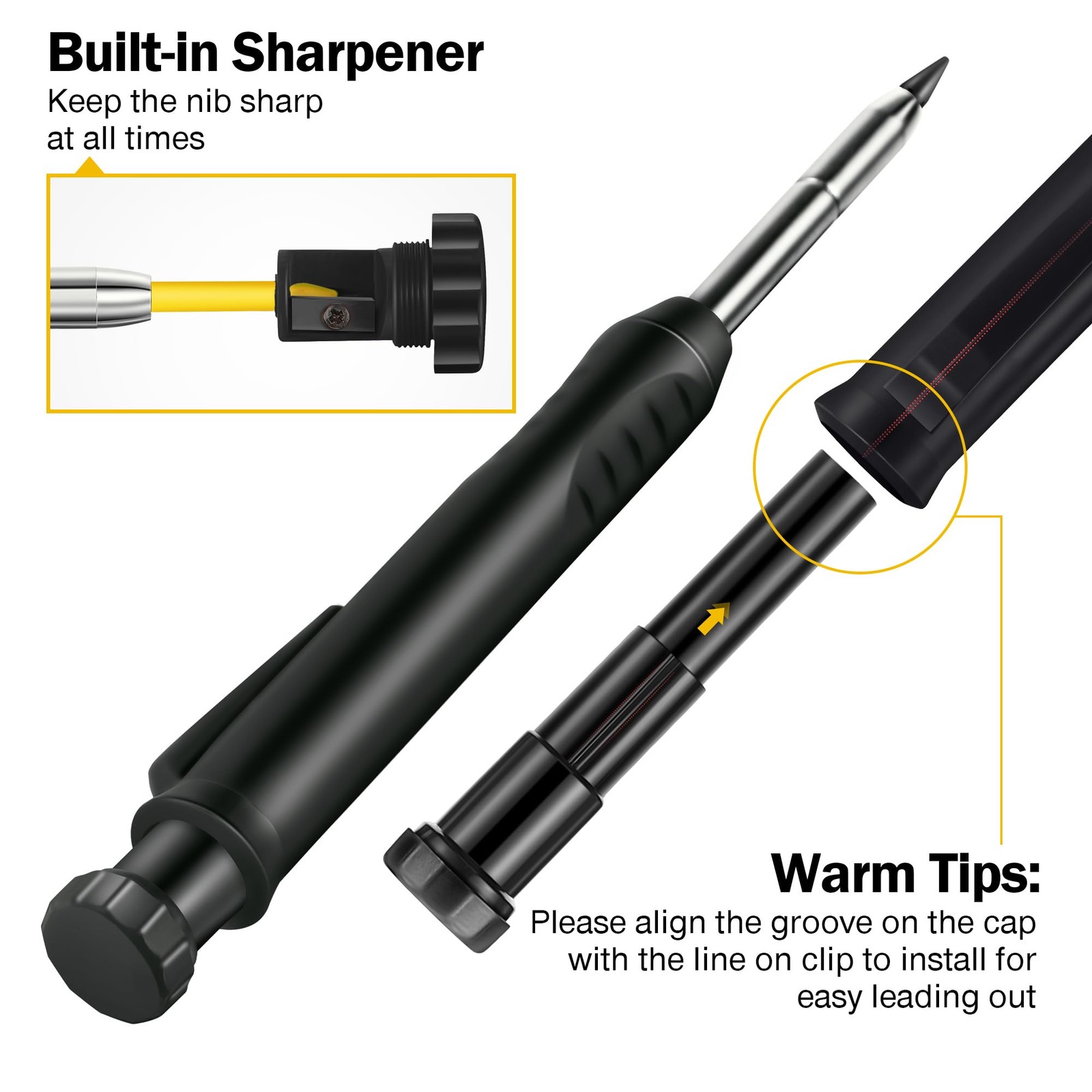 Hiboom 2 Pack Solid Carpenter Pencils with Pencil Cap and 18 Refills, Black