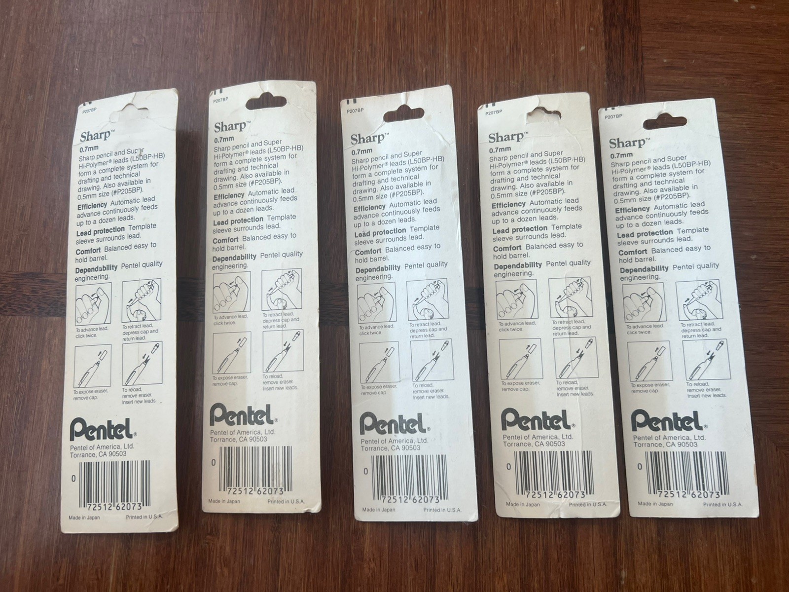 New Group Of 5 Pentel P207BP Sharp Mechanical Pencils .7 mm Blue Barrel 1 refill
