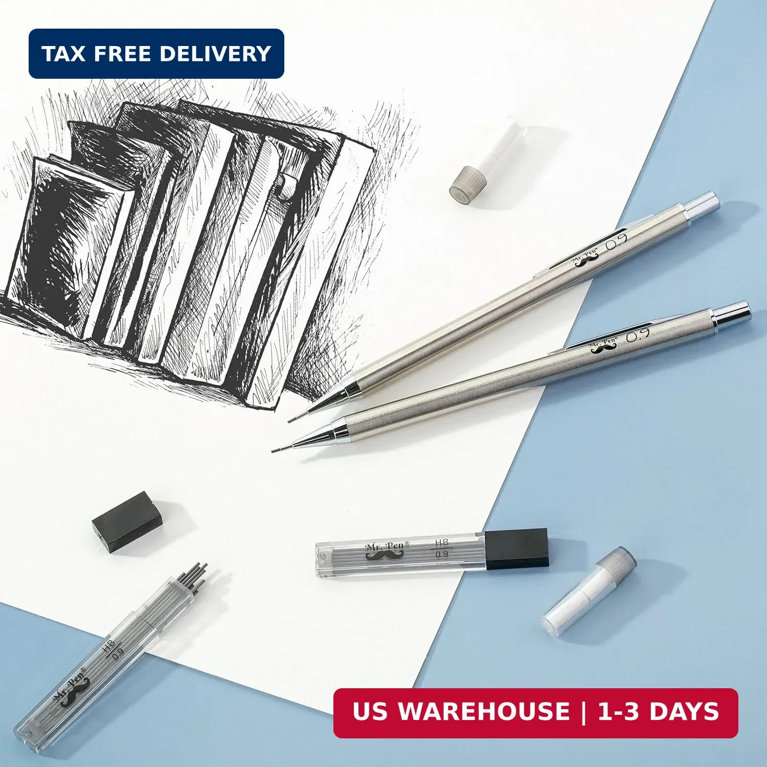 Mr. Pen- Metal Mechanical Pencil Set with Lead Refills & Erasers, 2 Pack, 0.9mm,