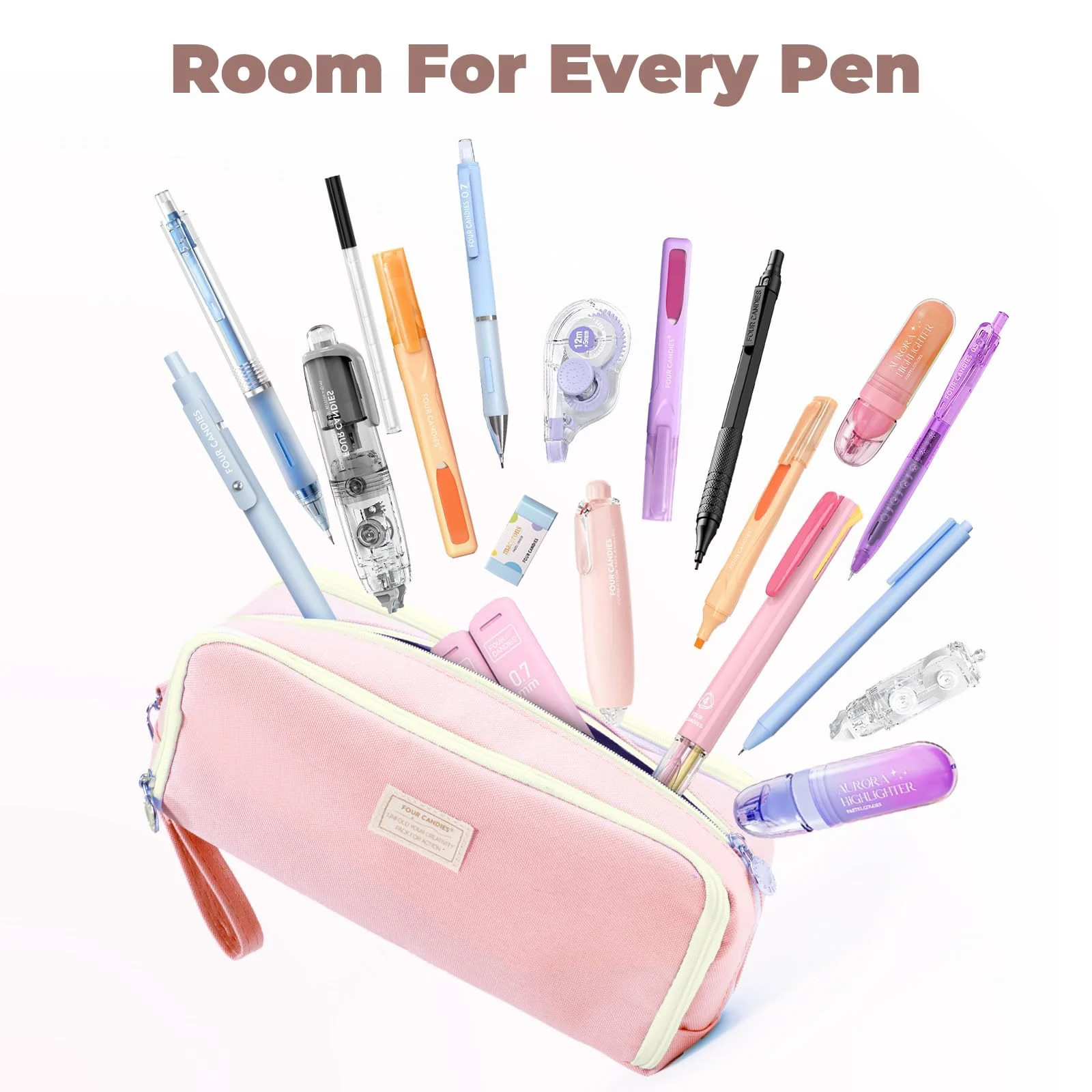 Canvas Pencil Cases with Removable Handle, Pink, 1 Count