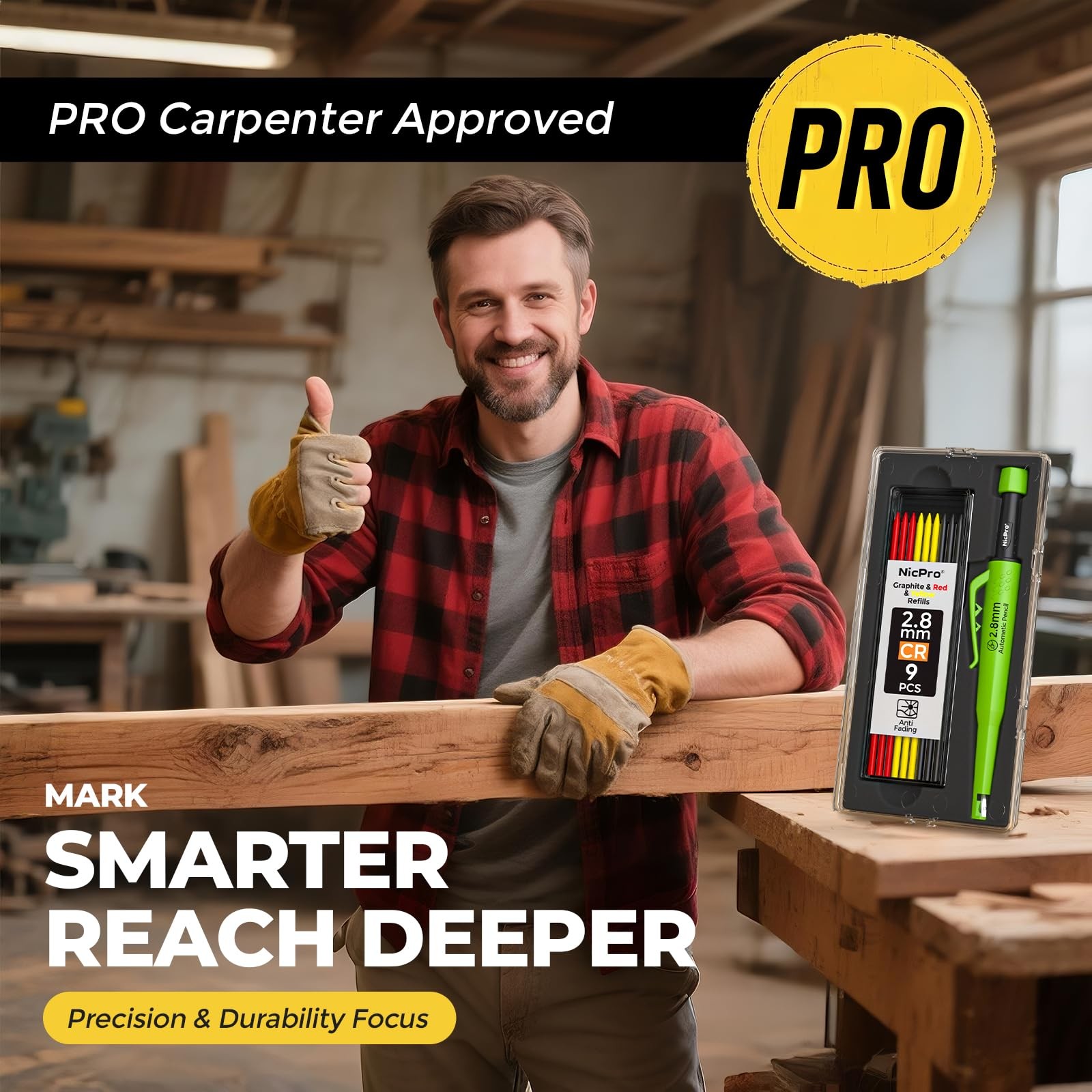 Nicpro Carpenter Pencil with Sharpener, CP3000 Black Green