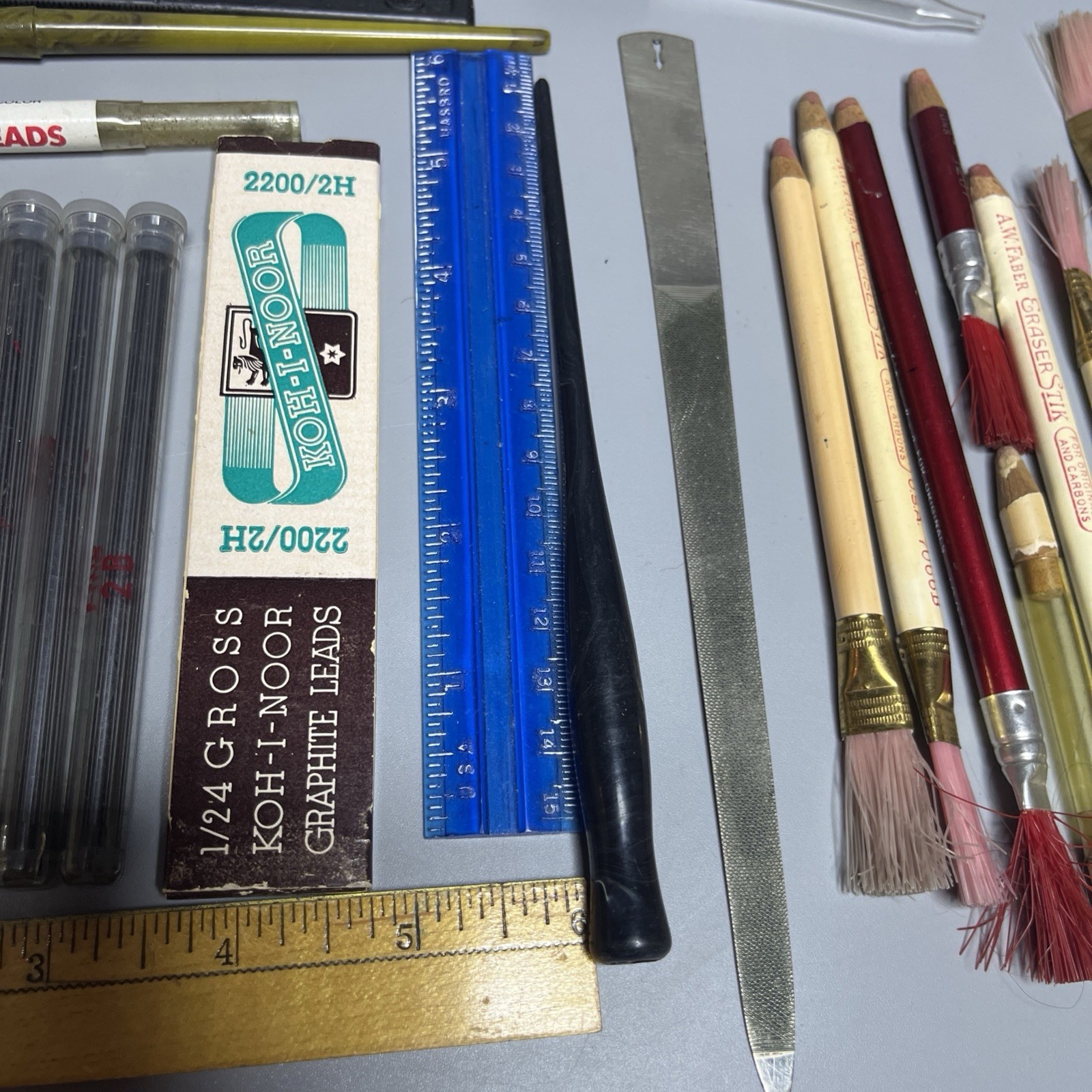 Lot of Vintage Drawing Art Leads Brushes Berol Faber Falcon Ruler Scripto Diana
