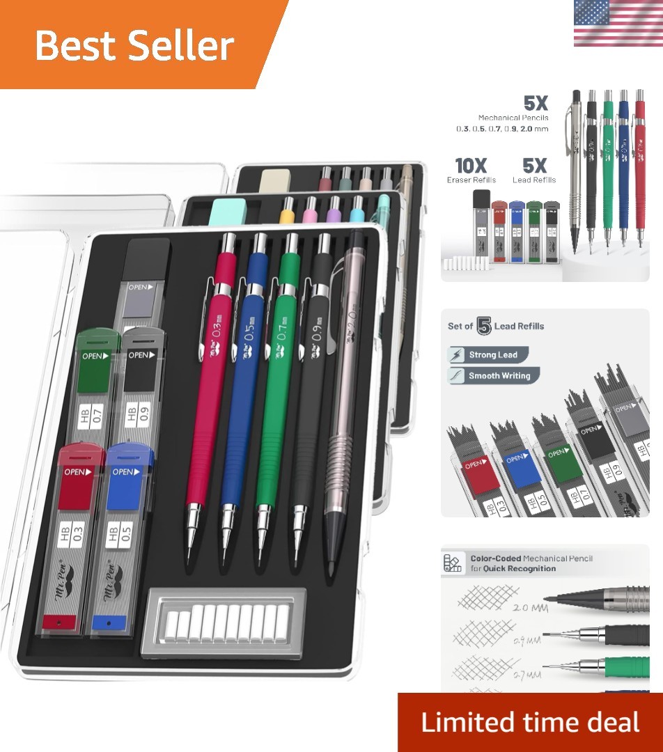 Versatile Mechanical Pencil Set – 5 Sizes, Non-Slip Grip for Comfort & Precision