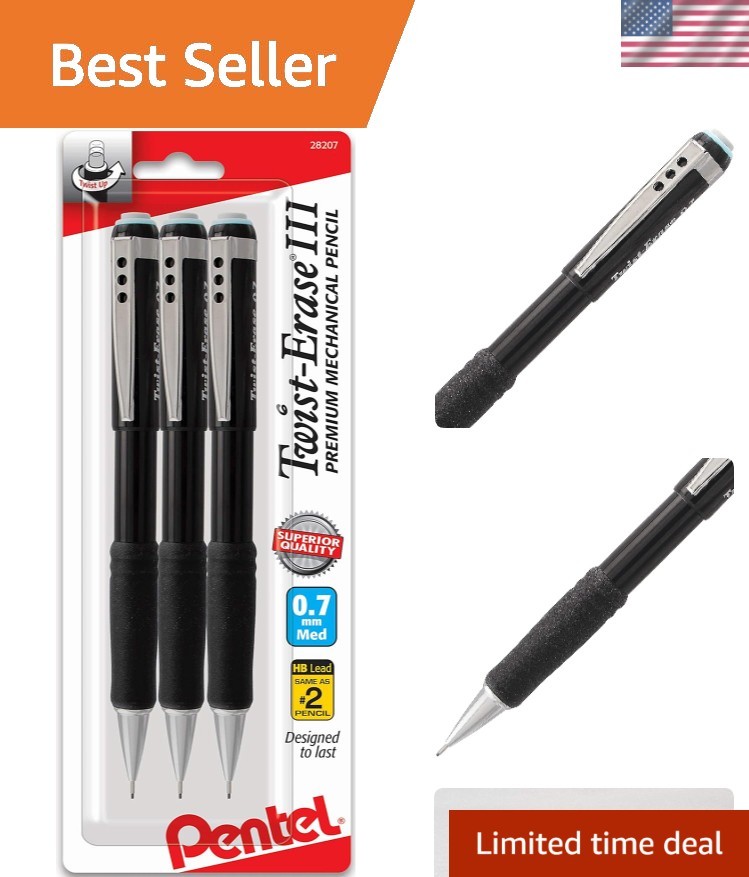 Durable 3-Pack Mechanical Pencils 0.7mm with Twist Erase and Contoured Grip