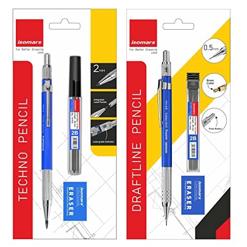 Mechanical Pencil Set 0.5mm & 2mm 2B Leads Blue Drafting Drawing Sketch Pens