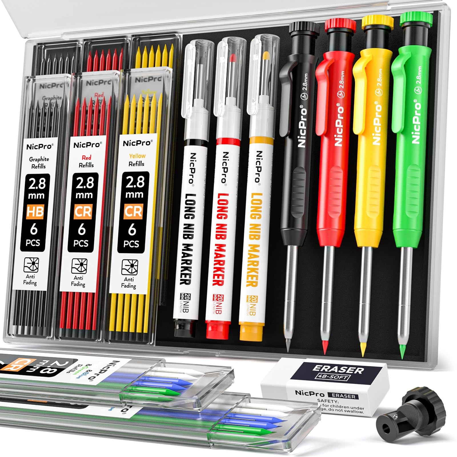 Nicpro 4 Pack Carpenter Pencils with 4 Pack, Black,Red,Yellow,Green