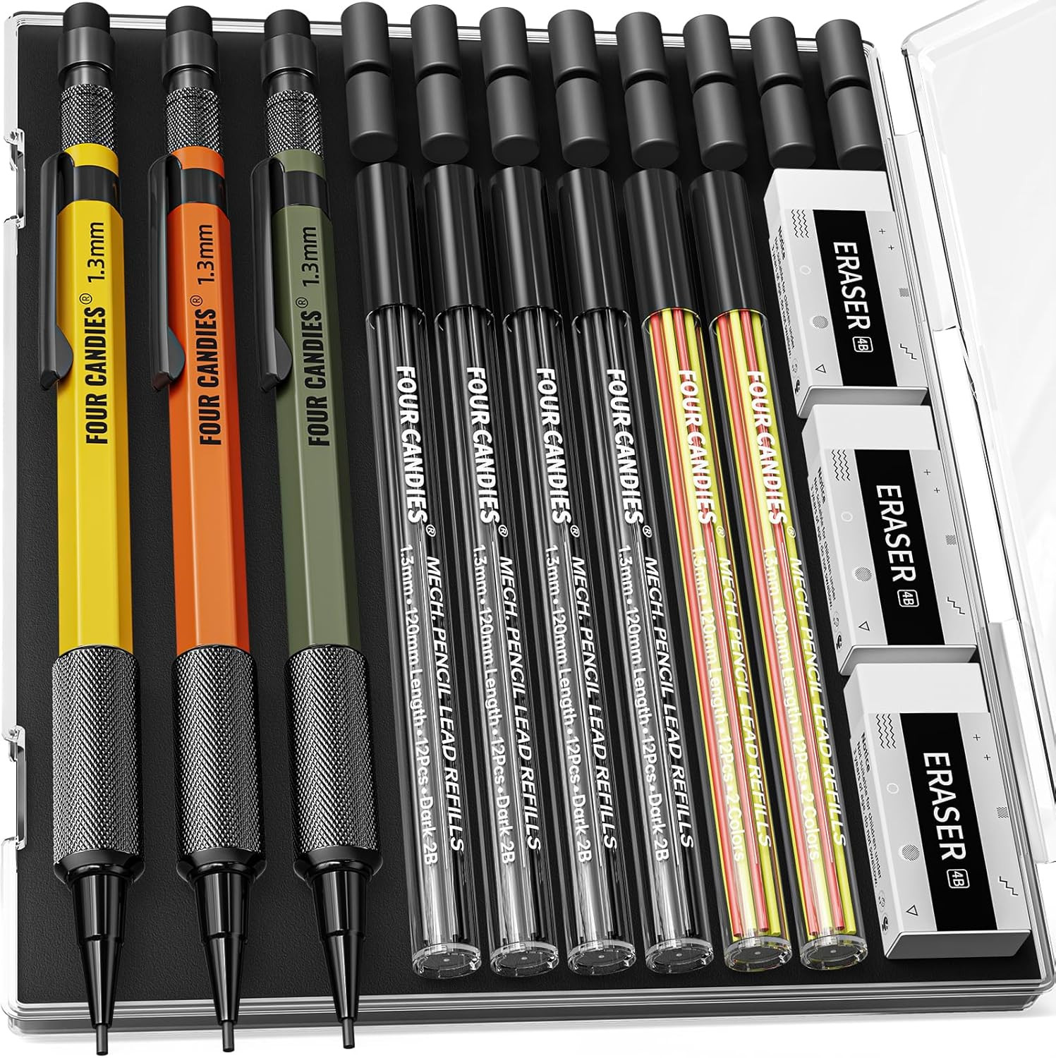1.3Mm Mechanical Pencil Set with 72 Lead Refills, 3PCS Metal Weatherproof Body H