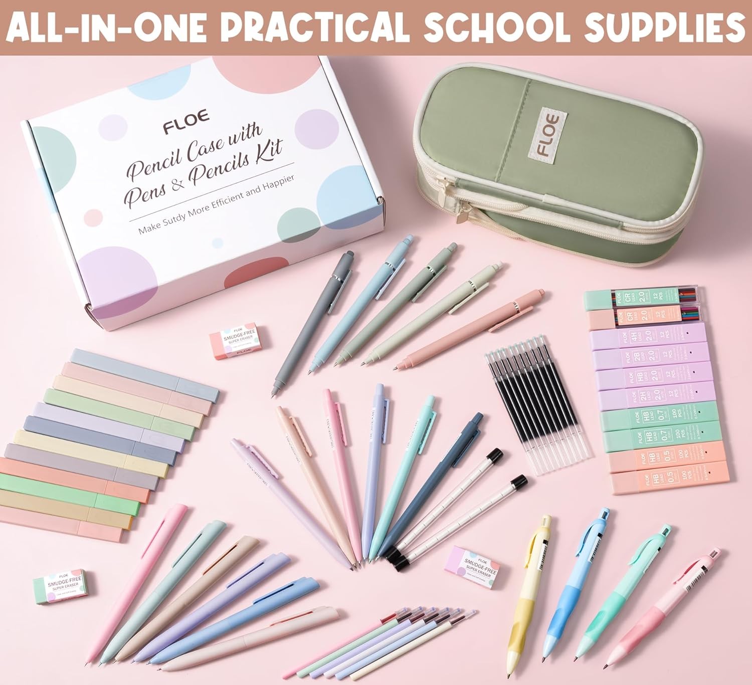 65PCS Aesthetic School Supplies with Cute Pencil 1 Count (Pack of 65), Pink