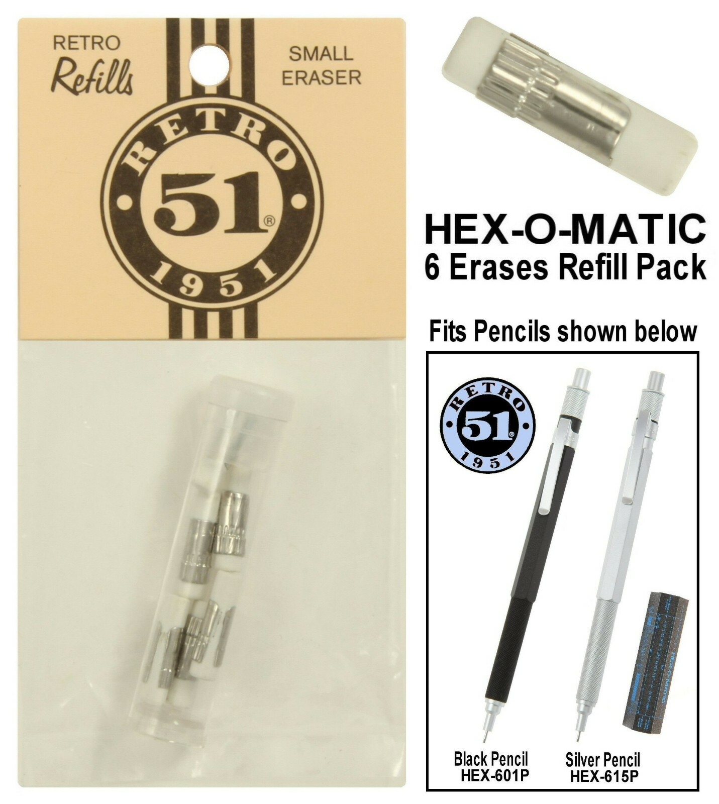 Retro 51 Hex-O-Matic Pencil Eraser Refill Pack of Six