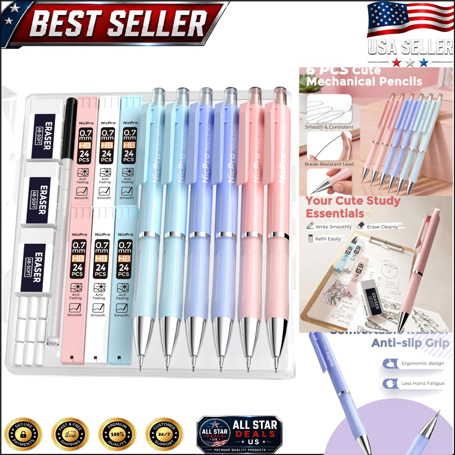 Complete Cute Pastel 6PCS Mechanical Pencil Set with Storage Case for Students