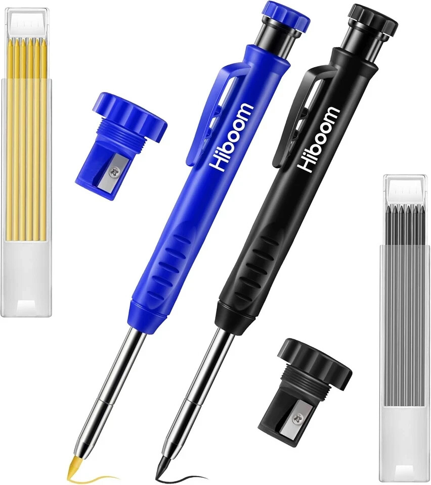 Hiboom 2 Pack Solid Carpenter Pencil with 14 1 Count (Pack of 1), Black, Blue