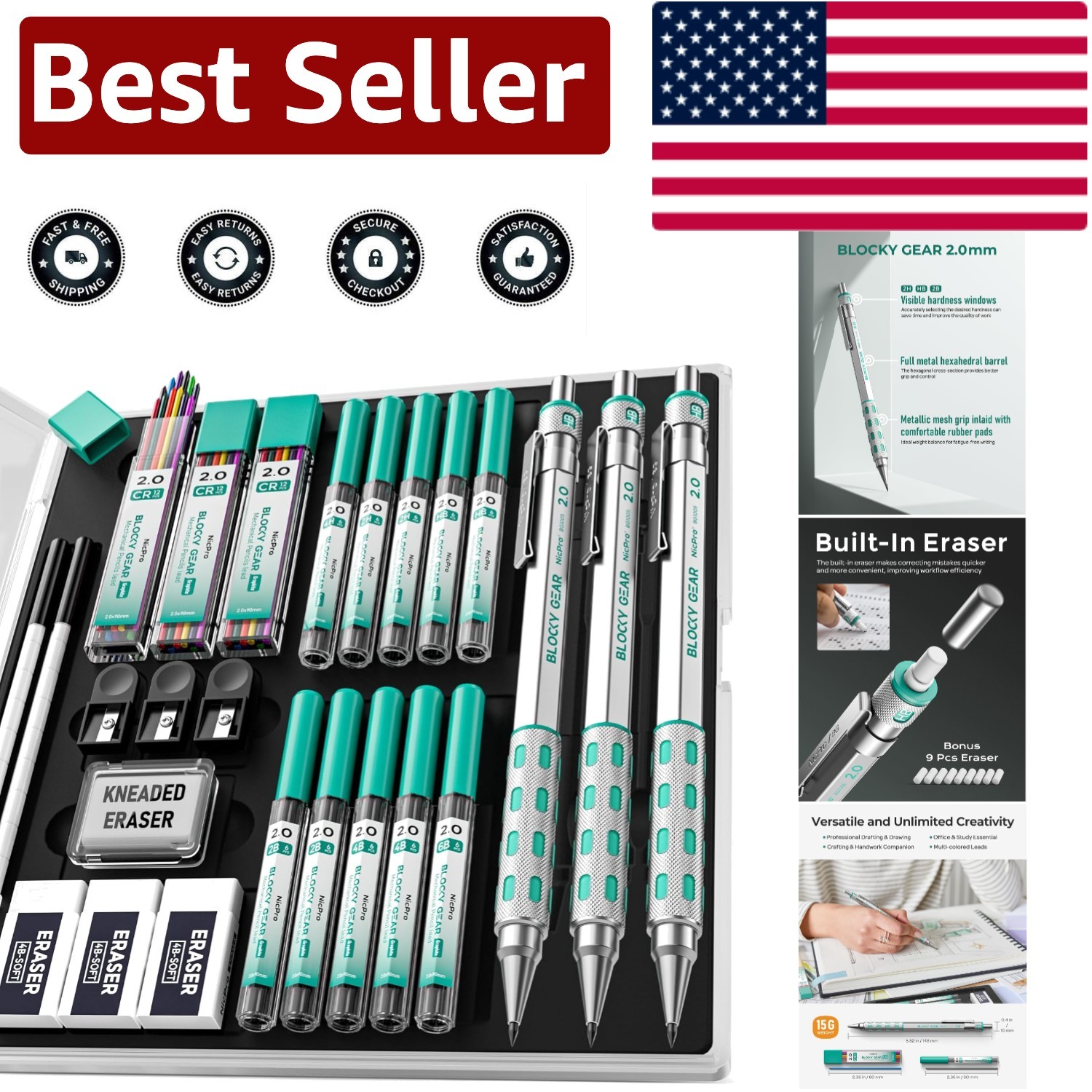 2mm Mechanical Pencils with Assorted Lead Hardness & Complete Eraser Kit