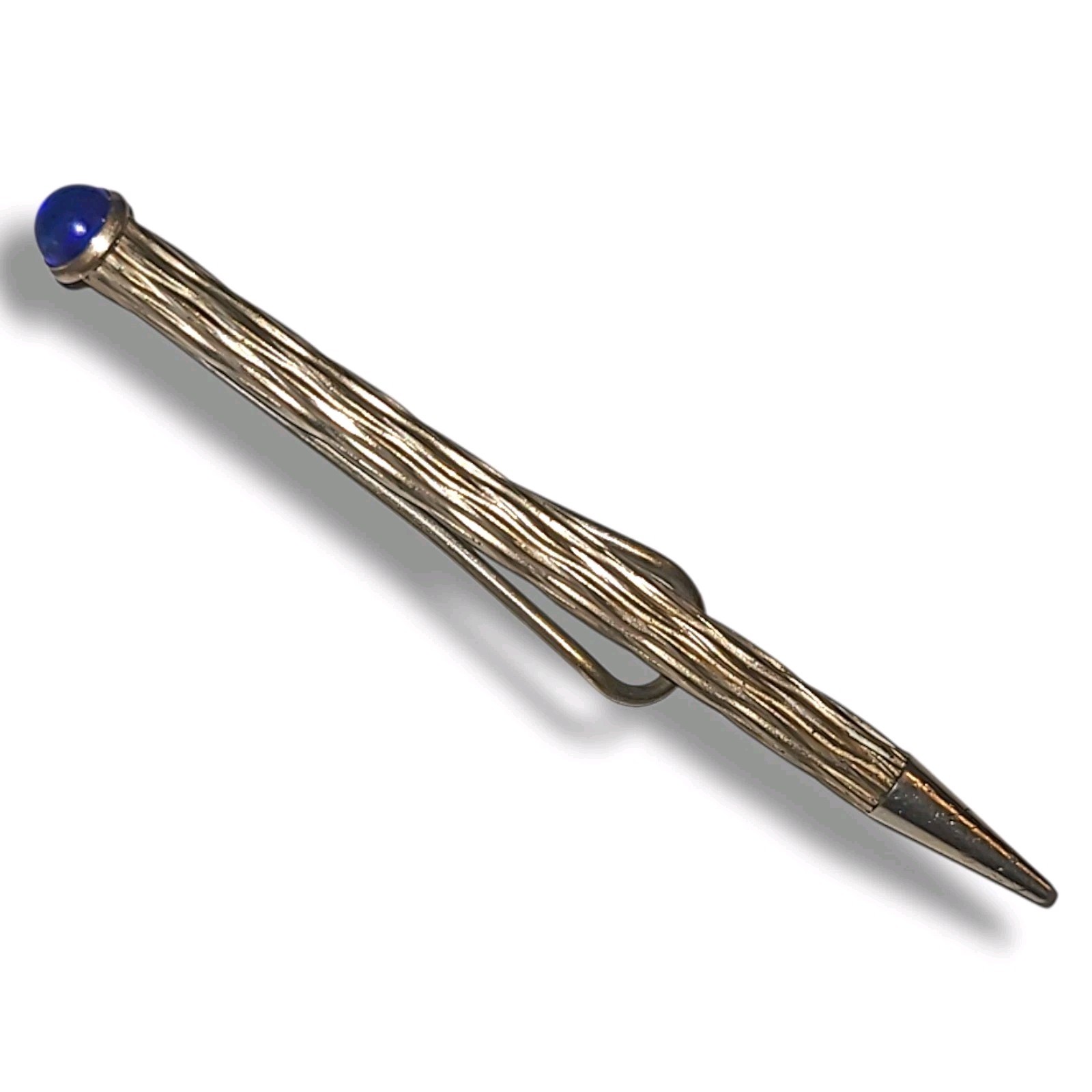 Vintage Gold Tone Mechanical Pencil Blue Cabochon Textured Pocket Clip 3.5″