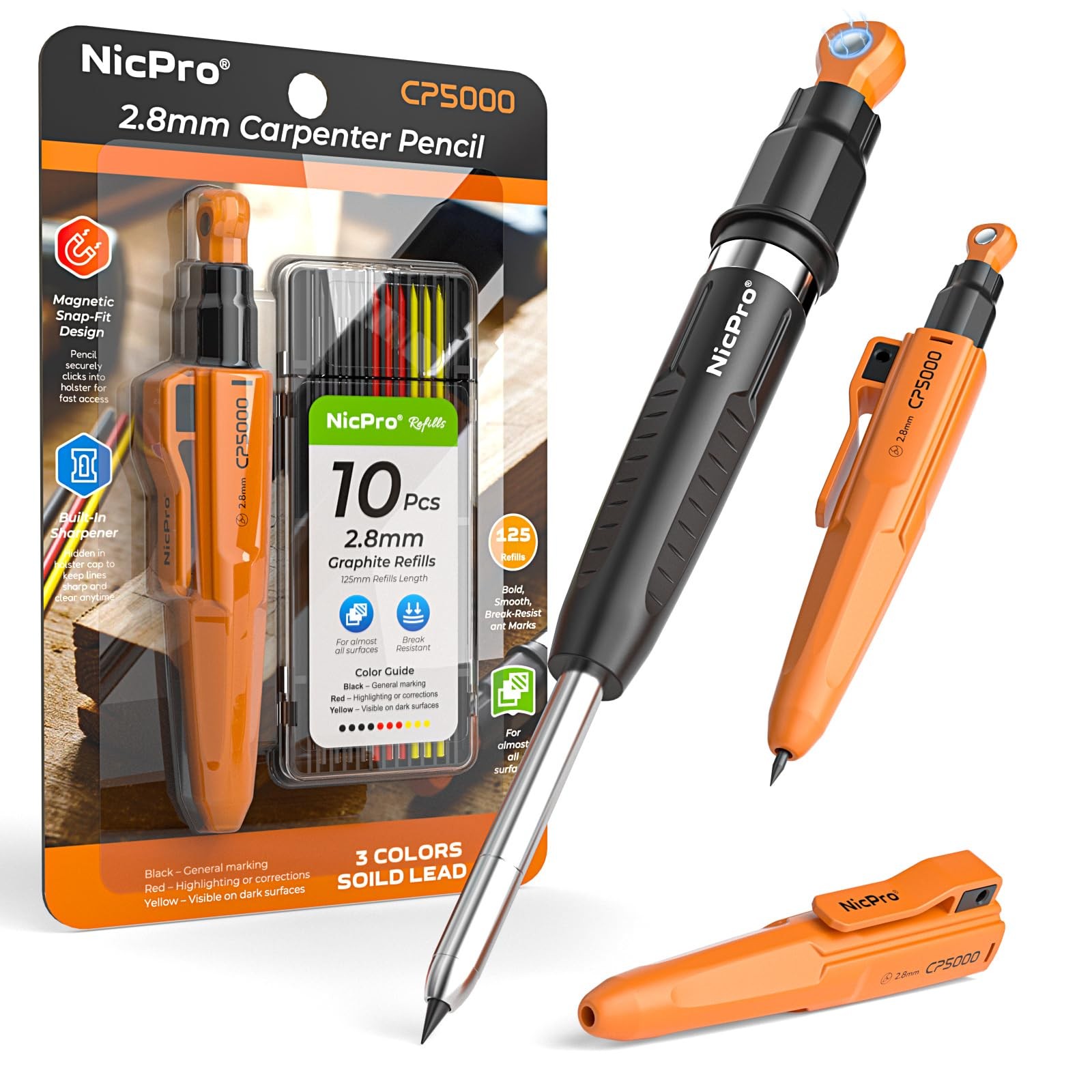 Nicpro CP5000 Magnetic Carpenter Pencils with 1 Count (Pack of 3), Orange
