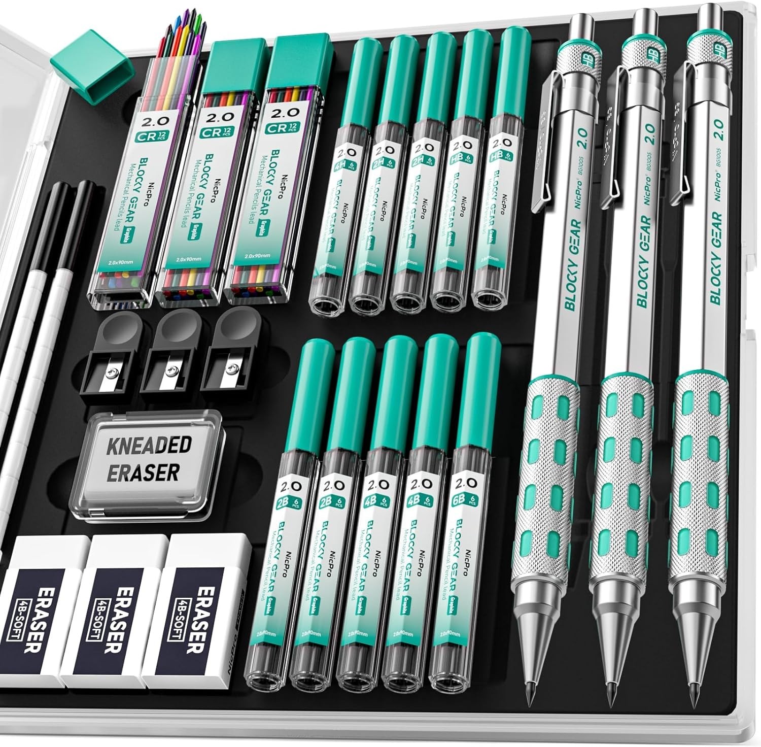 2mm Mechanical Pencils with Assorted Lead Hardness & Complete Eraser Kit