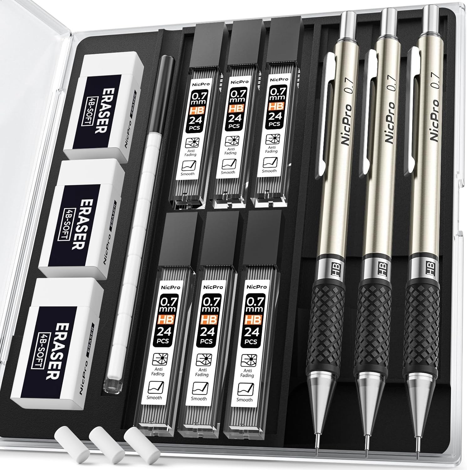 0.7 mm Art Mechanical Pencil Set in Storage Case, 3 PCS Metal Drafting Pencil Le