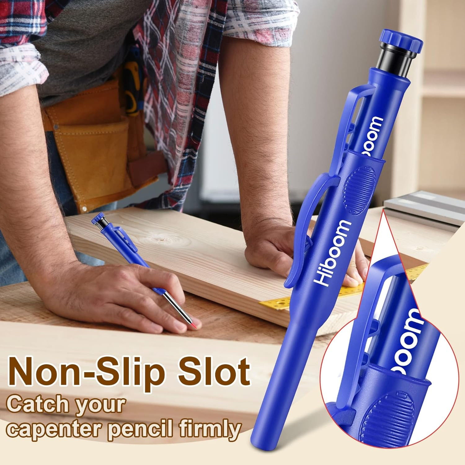 2 Pack Solid Carpenter Pencils with Pencil Cap and 18 Refills, Long Nose Deep Ho