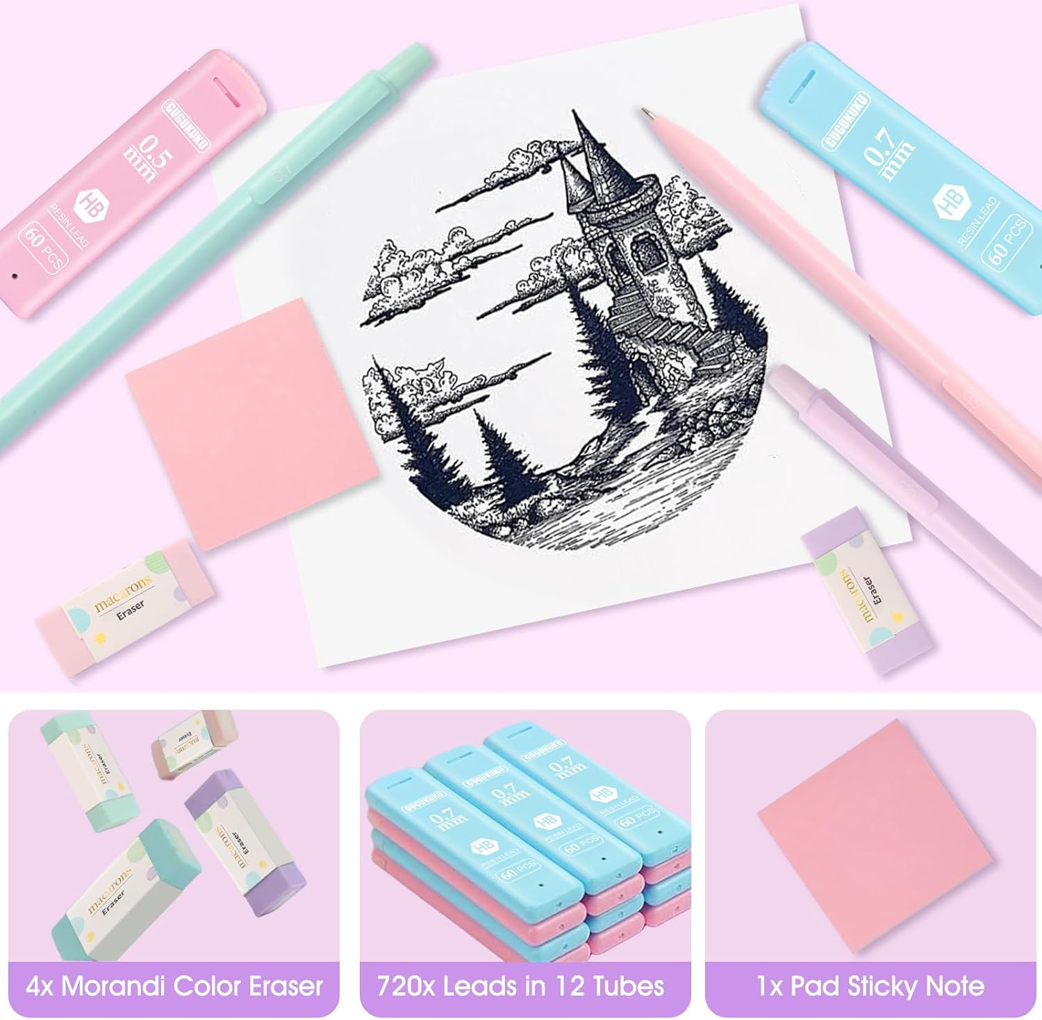 Aesthetic School Supplies with Cute Pencil Case, 12x Pastel Mechanical Pencils 0
