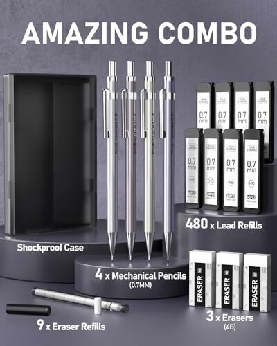 0.7mm Mechanical Pencil Set with Case – 4PCS Metal Mechanical Pencils, 8 0.7MM